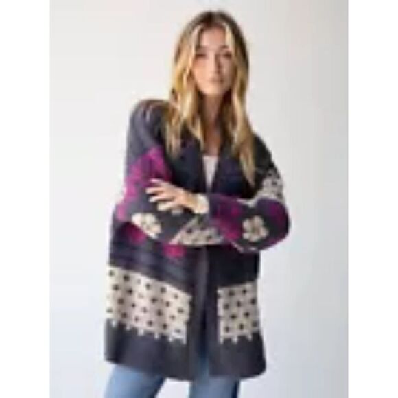 Gray and Purple Natural Life Calla Jacquard Cardigan size S/M - Picture 6 of 6
